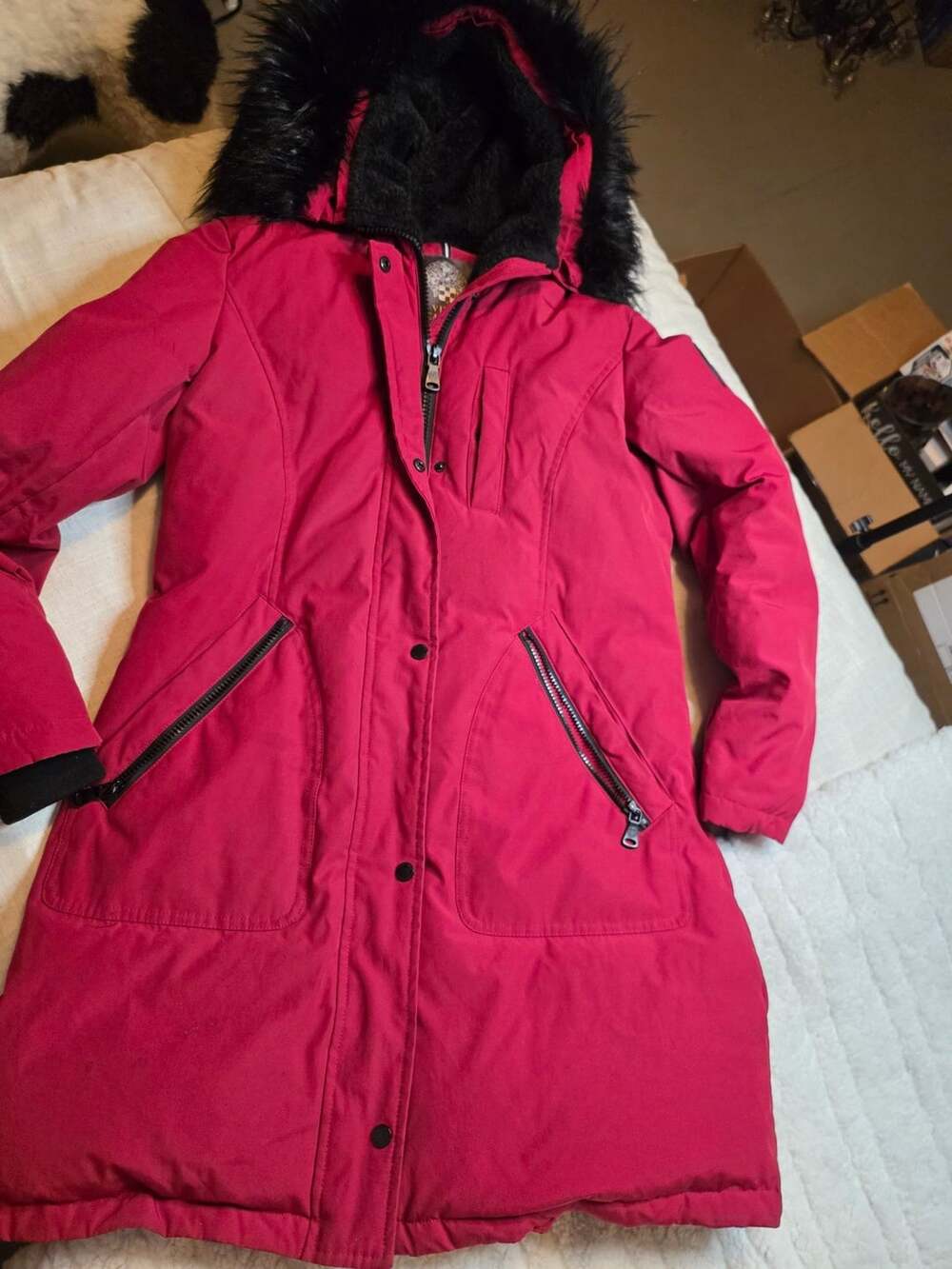 Vince Camuto Red Jacket Size M Faux Fur Hood Down and Feather Fill Blend